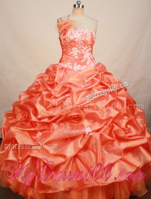 Orange One Shoulder Quinceanera Dress with Pick-ups and Flowers